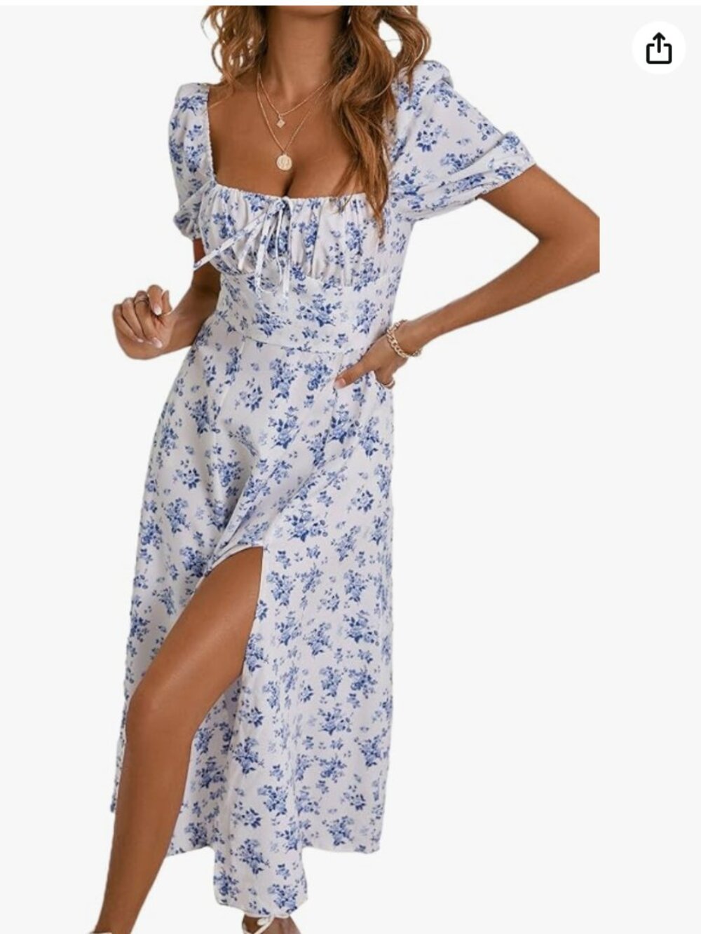 Women's Floral Print Tie Front Square Neck Short Sleeve Split Thigh Dress